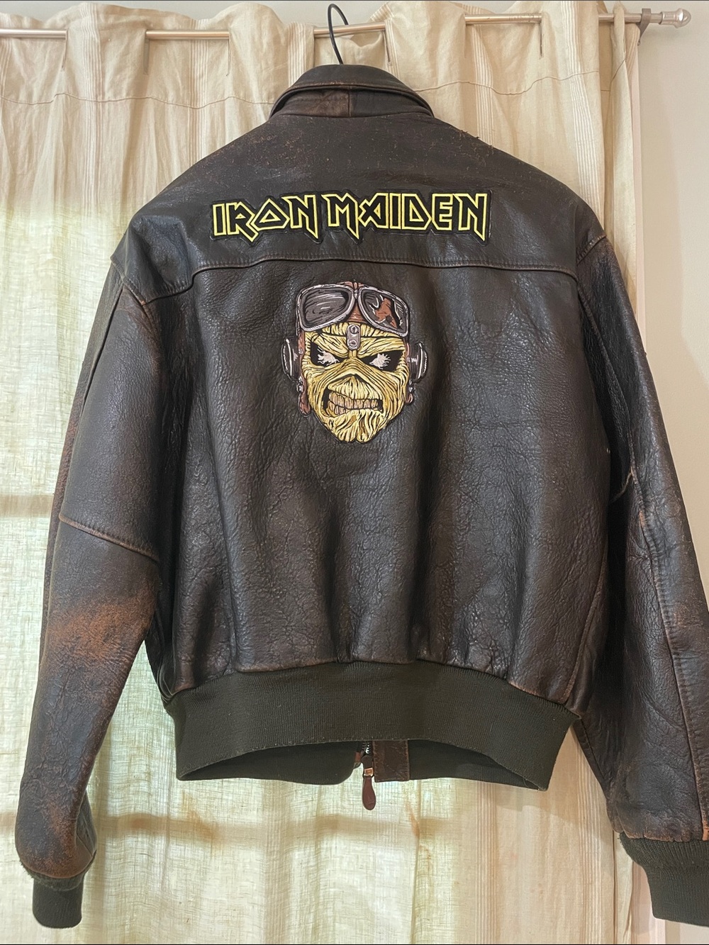 Avirex Brown Leather Bomber Jacket with Eddie Patch